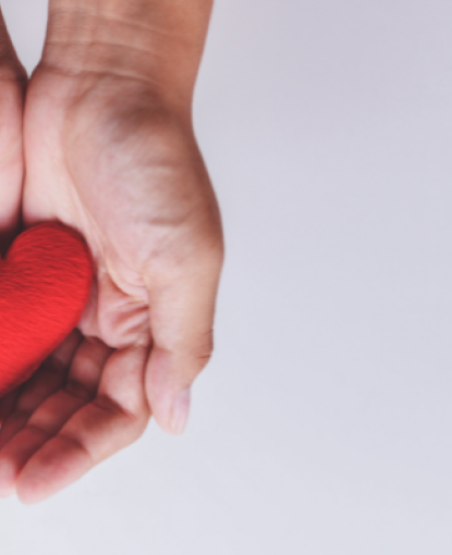 Hands holding a red felt heart. 